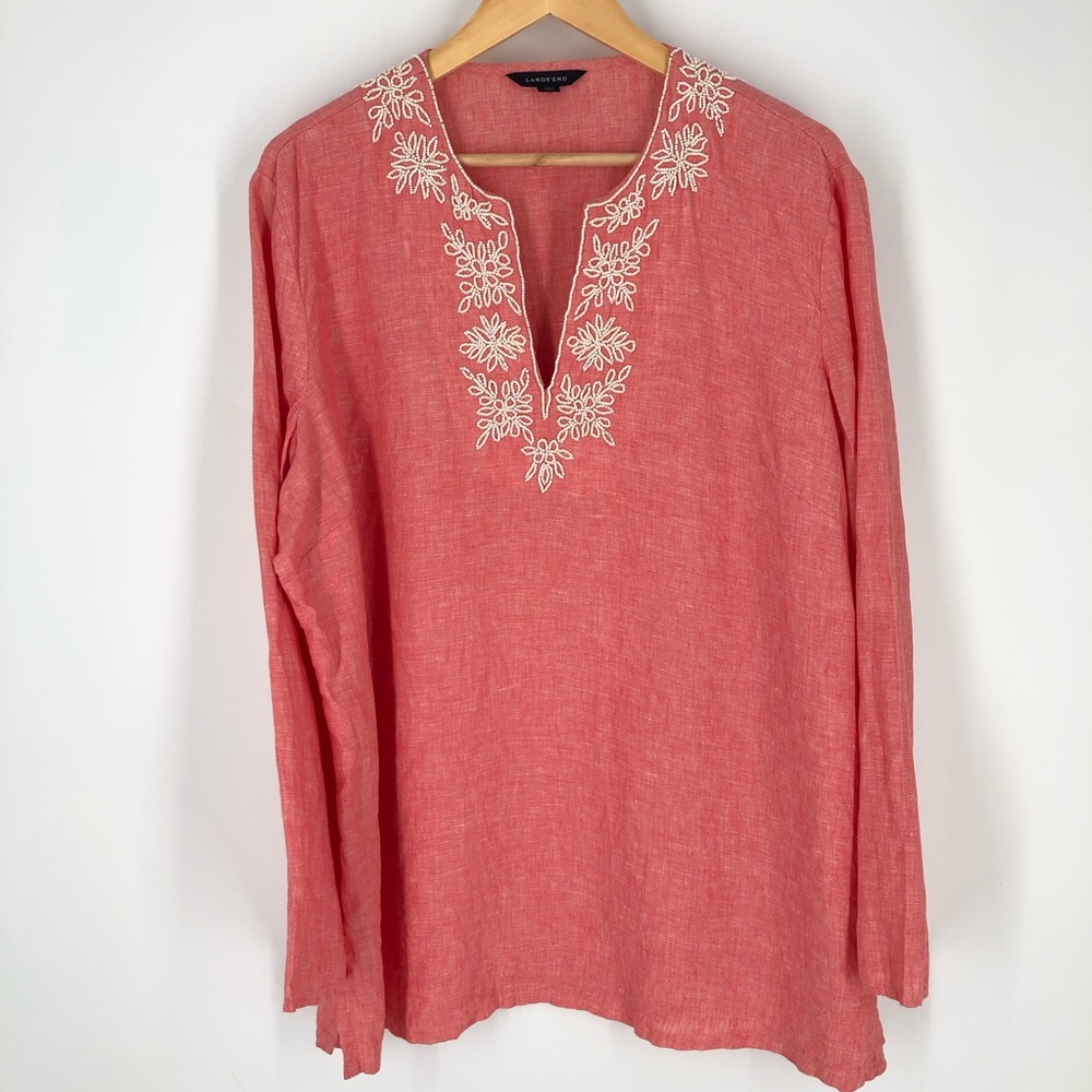Lands End‎ 100% Linen Popover Shirt Womens XL Pink Beaded Embroidered Split Neck